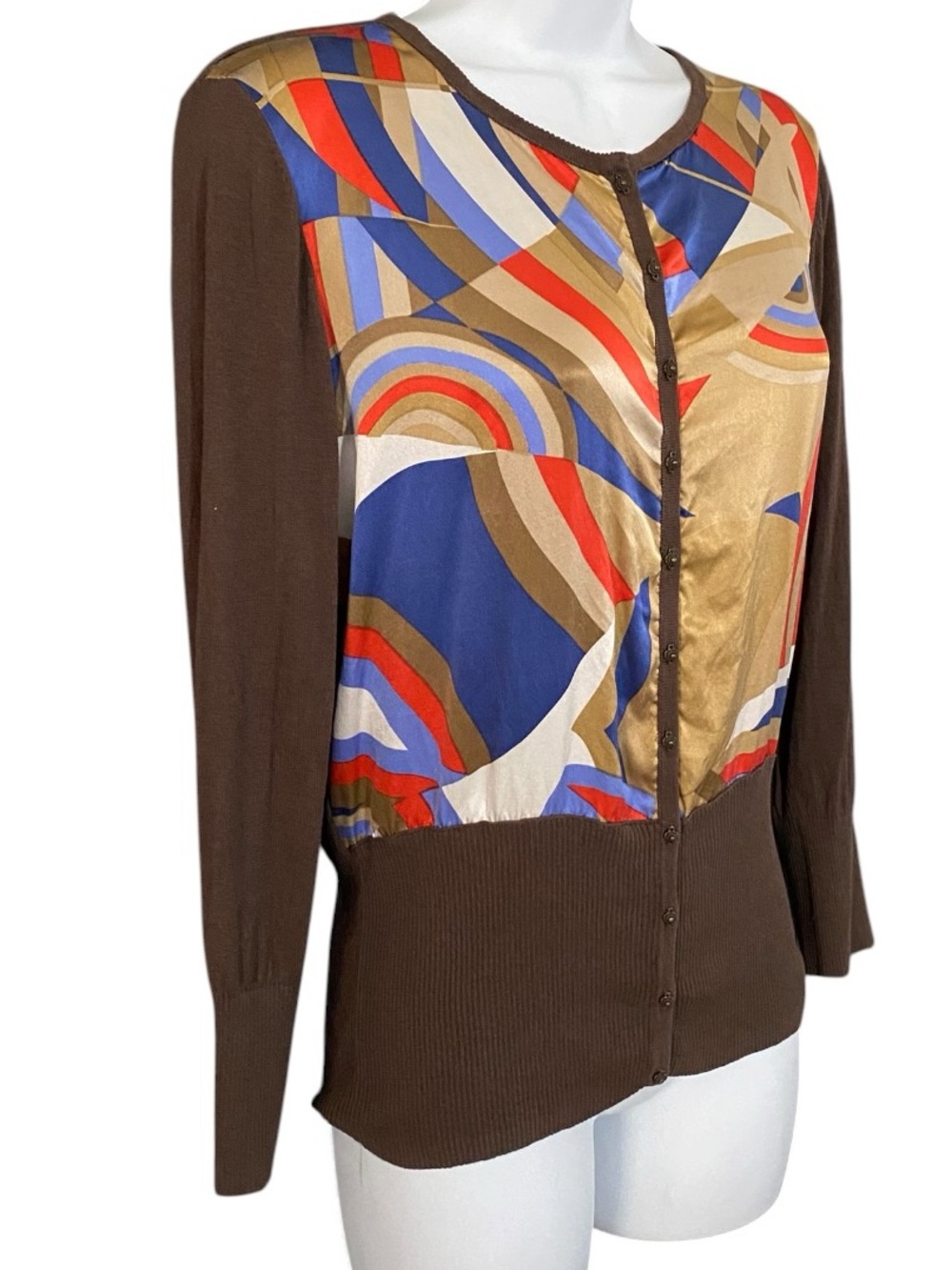 T Tahari Silk Blend Cardigan M Abstract Print Brown Artsy Retro Mod Geometric - Picture 3 of 10